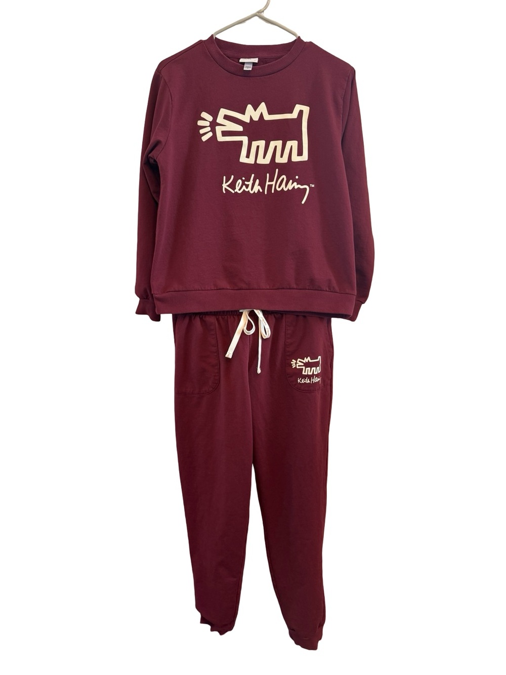 Keith Haring Burgundy Sweatshirt Jogger Set Small Graphic Logo Lounge Set